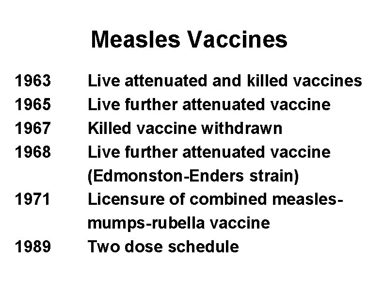 Measles Vaccines 1963 1965 1967 1968 1971 1989 Live attenuated and killed vaccines Live