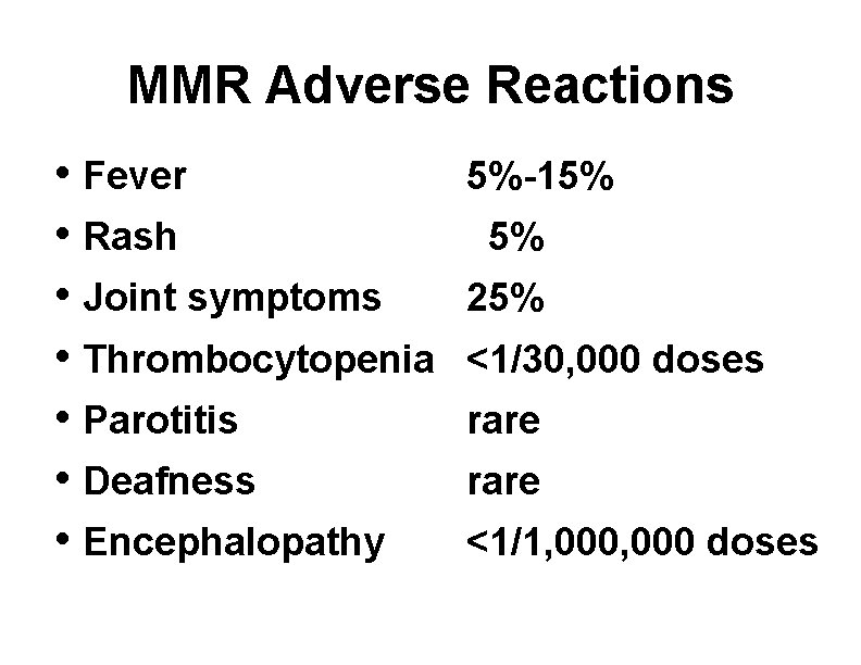 MMR Adverse Reactions • Fever • Rash • Joint symptoms • Thrombocytopenia • Parotitis