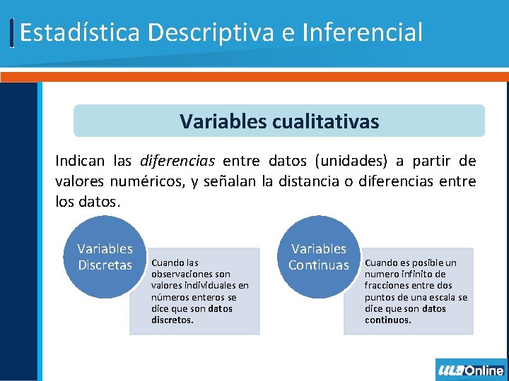 Estadística Descriptiva e Inferencial Variables cualitativas Indican las diferencias entre datos (unidades) a partir