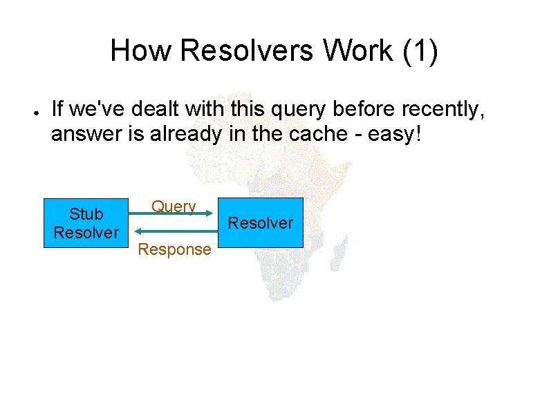 How Resolvers Work (1) ● If we've dealt with this query before recently, answer