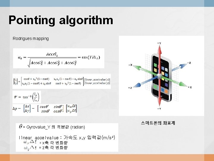 Pointing algorithm Rodrigues mapping = Gyrovalue_Y 의 적분값 (radian) linear_accelvalue : 가속도 x, y