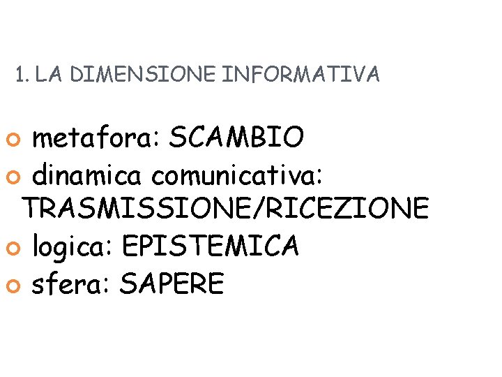 1. LA DIMENSIONE INFORMATIVA metafora: SCAMBIO dinamica comunicativa: TRASMISSIONE/RICEZIONE logica: EPISTEMICA sfera: SAPERE 