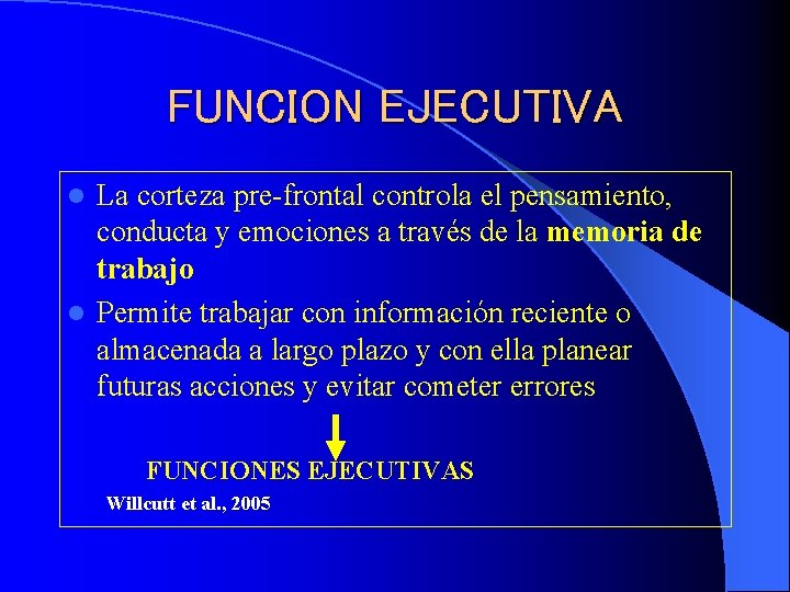 FUNCION EJECUTIVA La corteza pre-frontal controla el pensamiento, conducta y emociones a través de