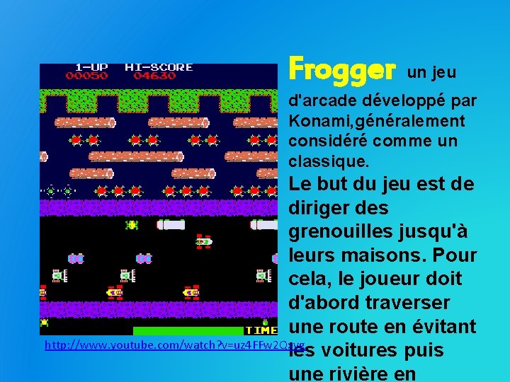 Frogger un jeu d'arcade développé par Konami, généralement considéré comme un classique. Le but