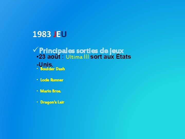 1983 JEU üPrincipales sorties de jeux • 23 août : Ultima III sort aux