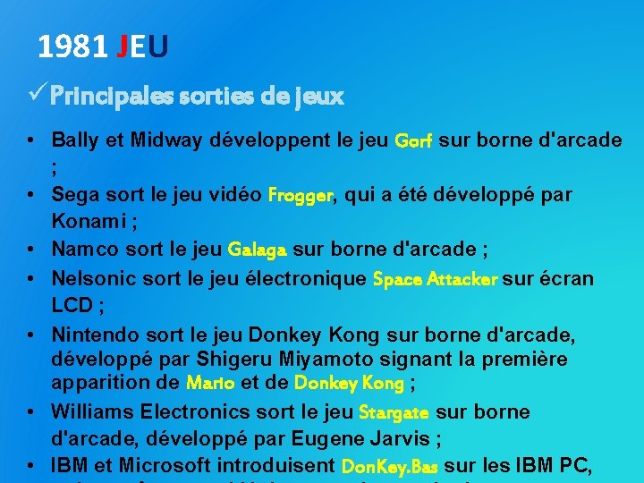 1981 JEU üPrincipales sorties de jeux • Bally et Midway développent le jeu Gorf