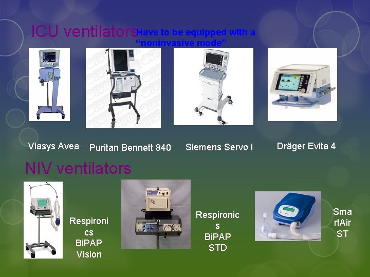 ICU ventilators. Have to be equipped with a “noninvasive mode” Viasys Avea Puritan Bennett