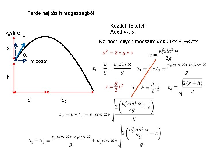 Ferde hajítás h magasságból vosin x Kezdeti feltétel: Adott v 0, v 0 Kérdés: