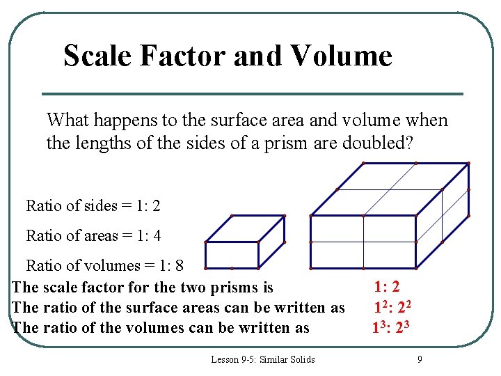 Scale Factor and Volume What happens to the surface area and volume when the