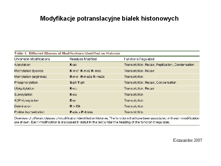 Modyfikacje potranslacyjne białek histonowych Kozaurides 2007 