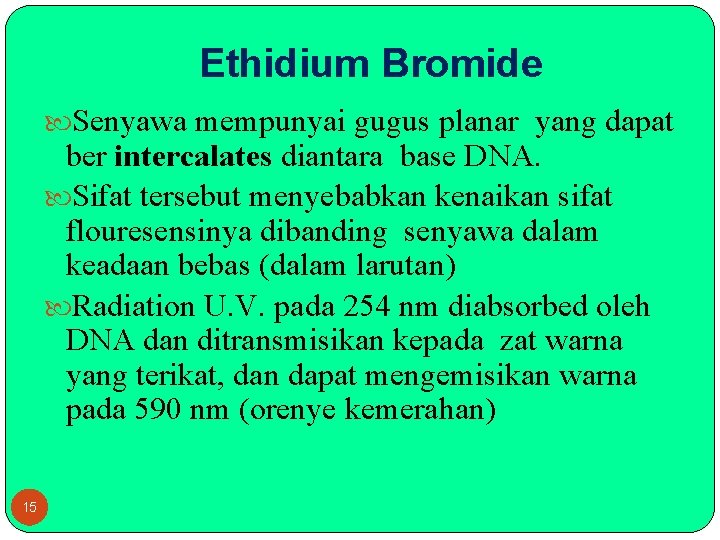 Ethidium Bromide Senyawa mempunyai gugus planar yang dapat ber intercalates diantara base DNA. Sifat