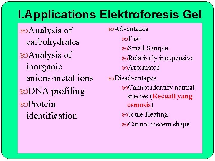 I. Applications Elektroforesis Gel Analysis of carbohydrates Analysis of inorganic anions/metal ions DNA profiling