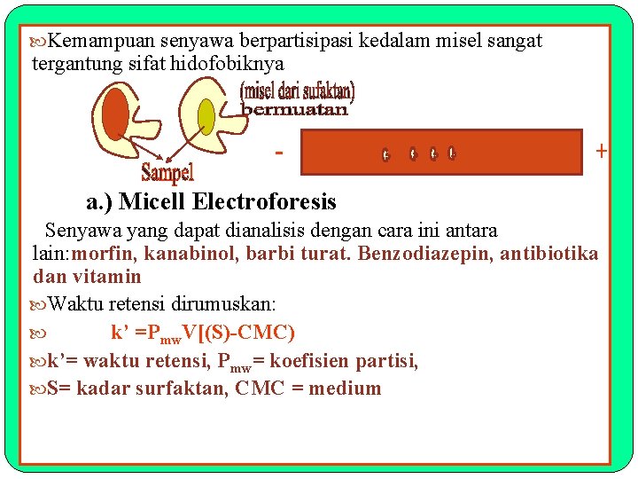  Kemampuan senyawa berpartisipasi kedalam misel sangat tergantung sifat hidofobiknya a. ) Micell Electroforesis