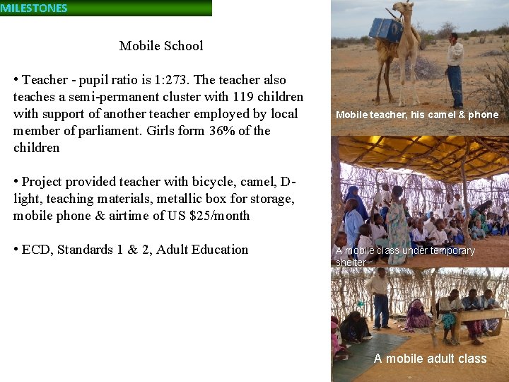 MILESTONES Mobile School • Teacher - pupil ratio is 1: 273. The teacher also