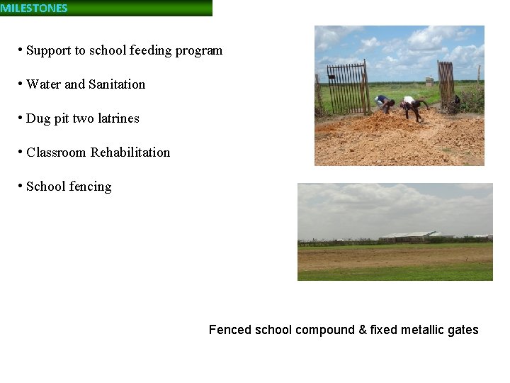 MILESTONES • Support to school feeding program • Water and Sanitation • Dug pit
