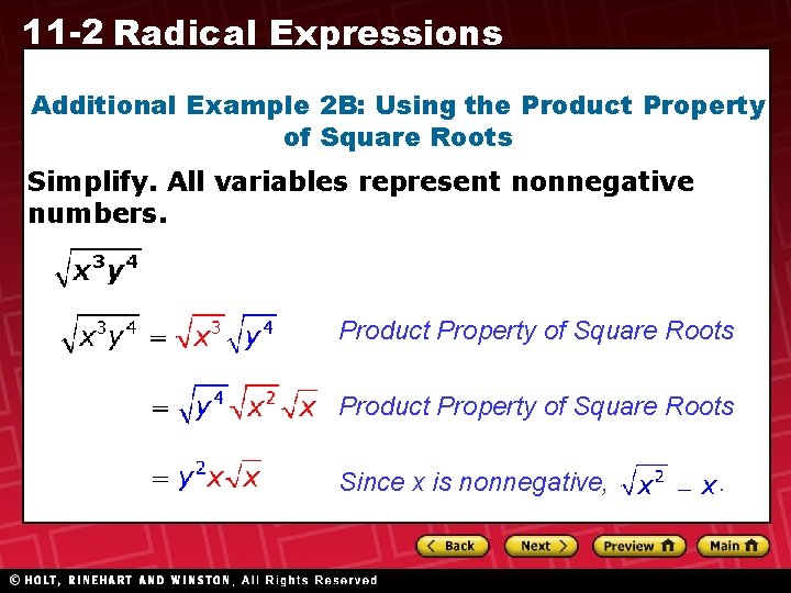 11 -2 Radical Expressions Additional Example 2 B: Using the Product Property of Square 11 -2 Radical Expressions Additional Example 2 B: Using the Product Property of Square