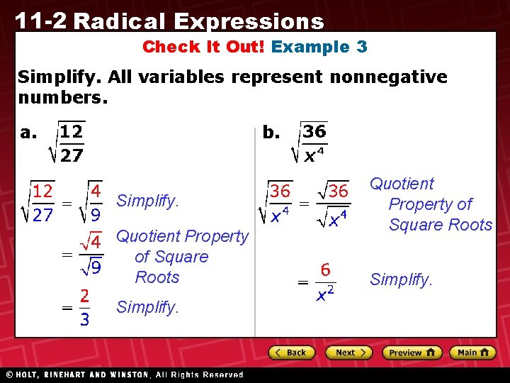 11 -2 Radical Expressions Check It Out! Example 3 Simplify. All variables represent nonnegative 11 -2 Radical Expressions Check It Out! Example 3 Simplify. All variables represent nonnegative
