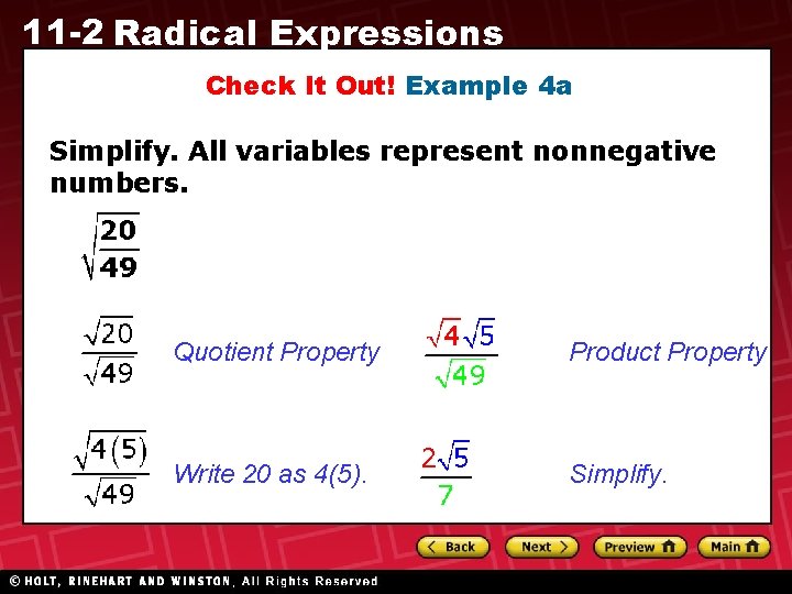 11 -2 Radical Expressions Check It Out! Example 4 a Simplify. All variables represent 11 -2 Radical Expressions Check It Out! Example 4 a Simplify. All variables represent