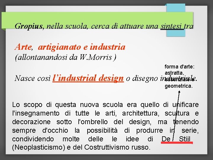 Gropius, nella scuola, cerca di attuare una sintesi tra Arte, artigianato e industria (allontanandosi