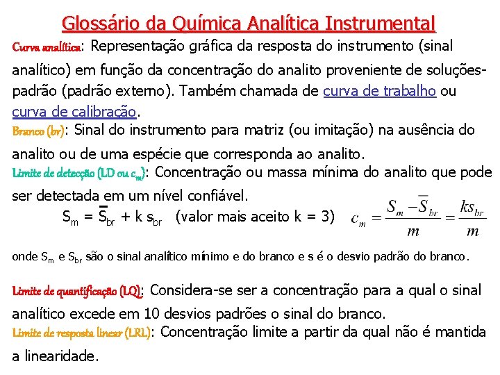 Glossário da Química Analítica Instrumental Curva analítica: Representação gráfica da resposta do instrumento (sinal