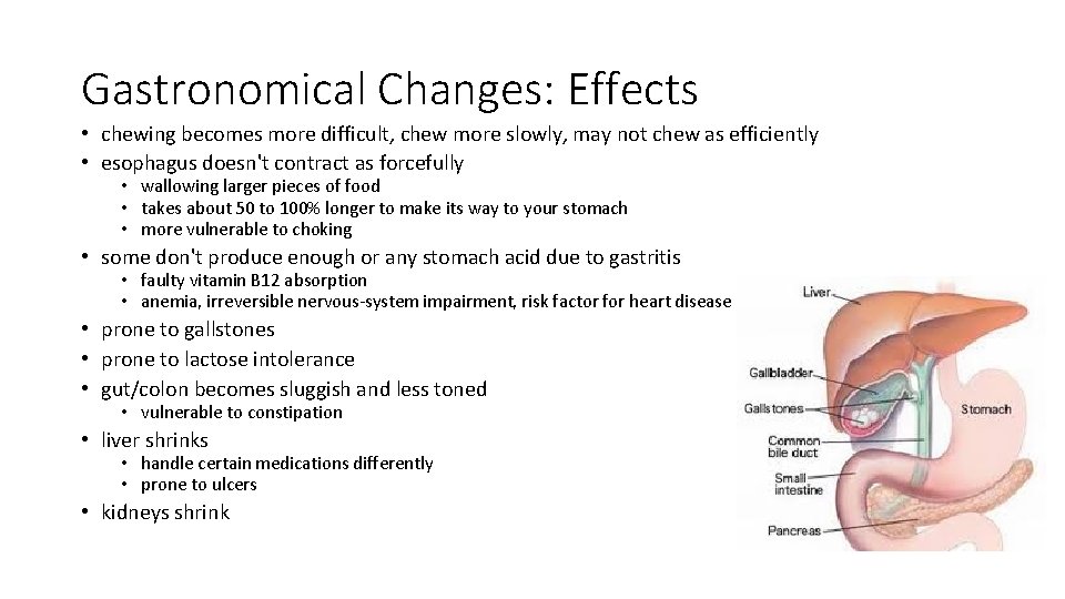 Gastronomical Changes: Effects • chewing becomes more difficult, chew more slowly, may not chew