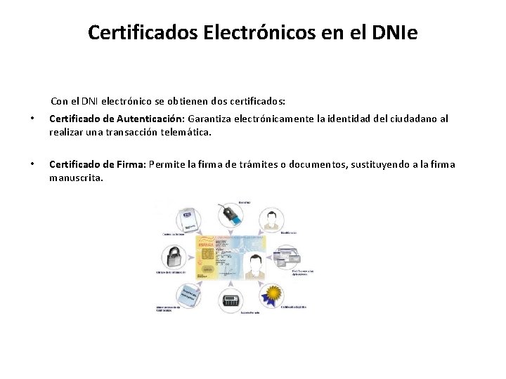 Certificados Electrónicos en el DNIe Con el DNI electrónico se obtienen dos certificados: • Certificados Electrónicos en el DNIe Con el DNI electrónico se obtienen dos certificados: •
