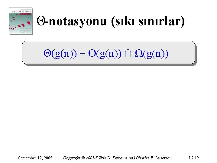 Θ-notasyonu (sıkı sınırlar) Θ(g(n)) = O(g(n)) ∩ Ω(g(n)) September 12, 2005 Copyright © 2001