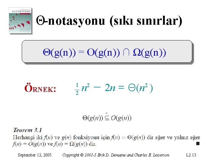 Θ-notasyonu (sıkı sınırlar) Θ(g(n)) = O(g(n)) ∩ Ω(g(n)) ÖRNEK: September 12, 2005 1 2