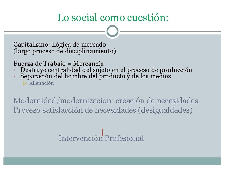 Lo social como cuestión: Capitalismo: Lógica de mercado (largo proceso de disciplinamiento) Fuerza de