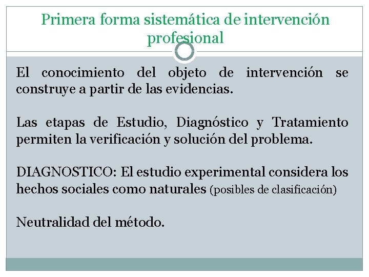 Primera forma sistemática de intervención profesional El conocimiento del objeto de intervención se construye