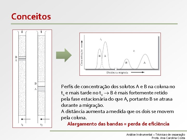 Conceitos Perfis de concentração dos solutos A e B na coluna no t 1