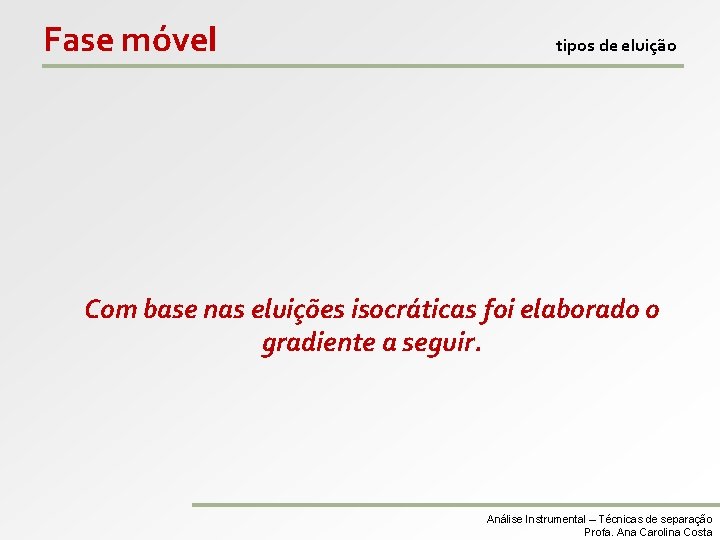 Fase móvel tipos de eluição Com base nas eluições isocráticas foi elaborado o gradiente