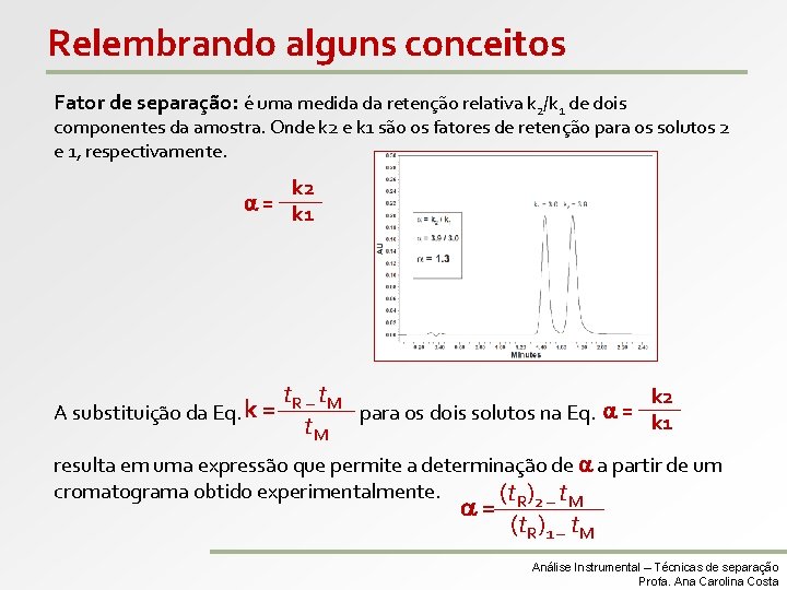 Relembrando alguns conceitos Fator de separação: é uma medida da retenção relativa k 2/k