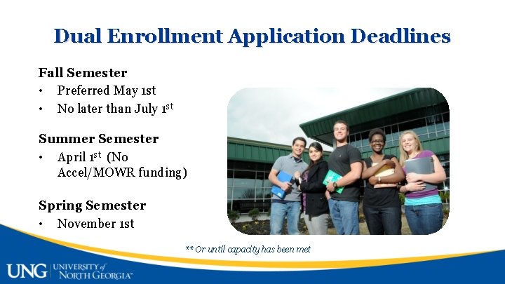 Dual Enrollment Application Deadlines Fall Semester • Preferred May 1 st • No later