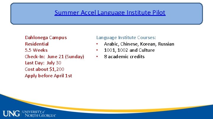 Summer Accel Language Institute Pilot Dahlonega Campus Residential 5. 5 Weeks Check-In: June 21