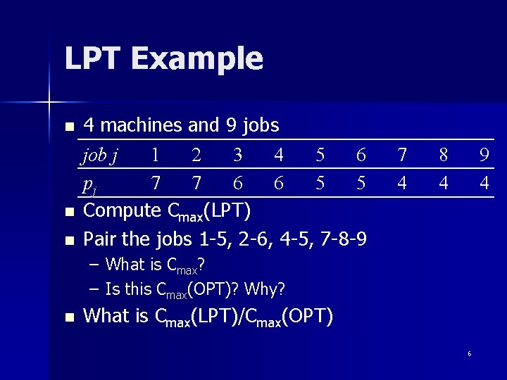 LPT Example n n n 4 machines and 9 jobs job j 1 2