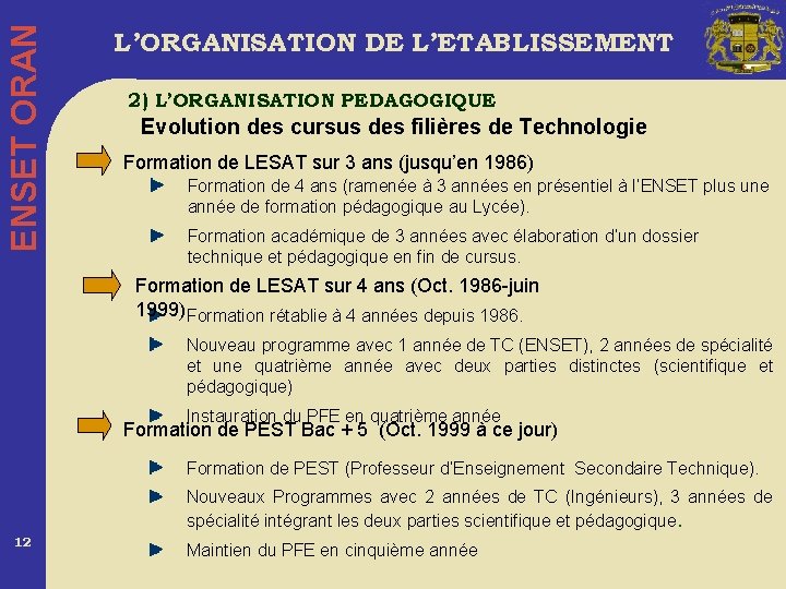 ENSET ORAN L’ORGANISATION DE L’ETABLISSEMENT 2) L’ORGANISATION PEDAGOGIQUE Evolution des cursus des filières de
