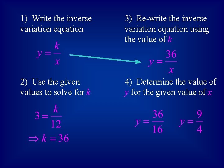 1) Write the inverse variation equation 3) Re-write the inverse variation equation using the