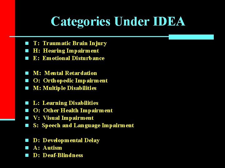 Categories Under IDEA n T: Traumatic Brain Injury n H: Hearing Impairment n E: