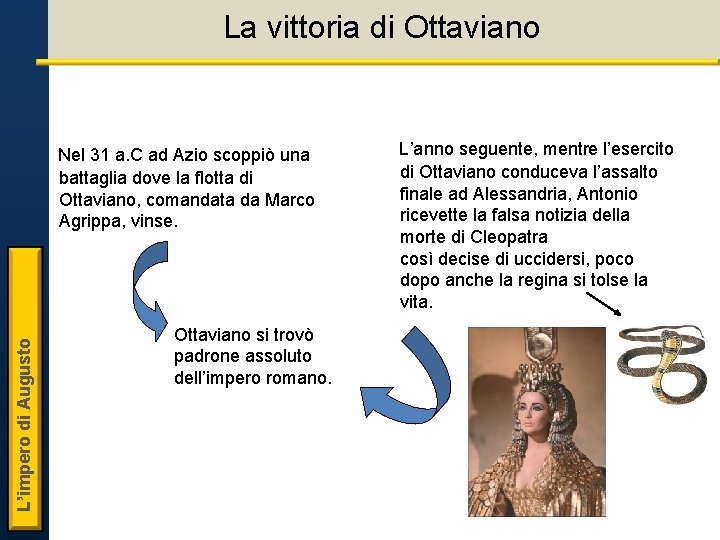 La vittoria di Ottaviano L’impero di Augusto Nel 31 a. C ad Azio scoppiò La vittoria di Ottaviano L’impero di Augusto Nel 31 a. C ad Azio scoppiò