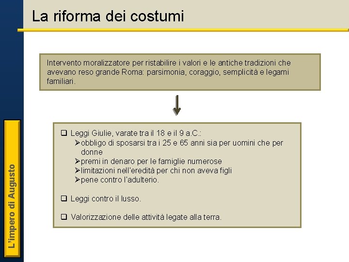 La riforma dei costumi L’impero di Augusto Intervento moralizzatore per ristabilire i valori e La riforma dei costumi L’impero di Augusto Intervento moralizzatore per ristabilire i valori e