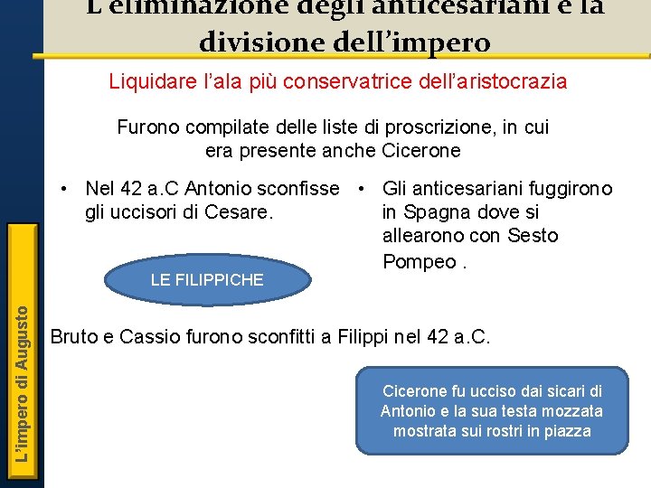 L’eliminazione degli anticesariani e la divisione dell’impero Liquidare l’ala più conservatrice dell’aristocrazia Furono compilate L’eliminazione degli anticesariani e la divisione dell’impero Liquidare l’ala più conservatrice dell’aristocrazia Furono compilate
