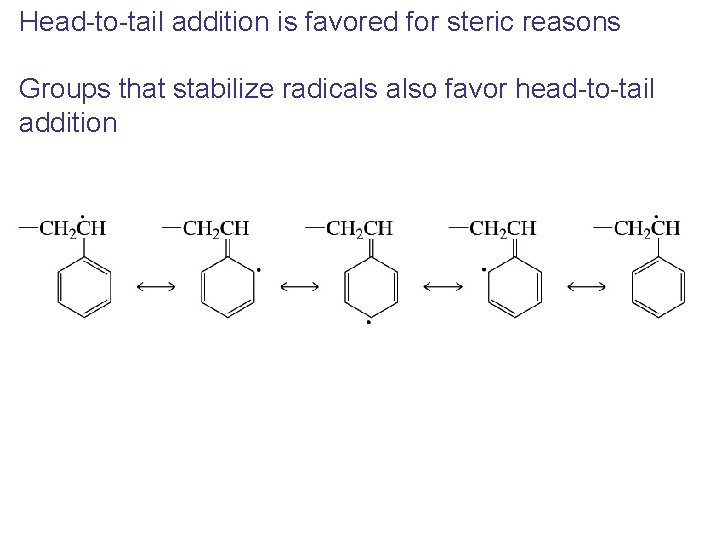 Head-to-tail addition is favored for steric reasons Groups that stabilize radicals also favor head-to-tail