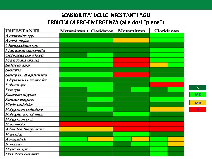 SENSIBILITA’ DELLE INFESTANTI AGLI ERBICIDI DI PRE-EMERGENZA (alle dosi “piene”) S MS MR R