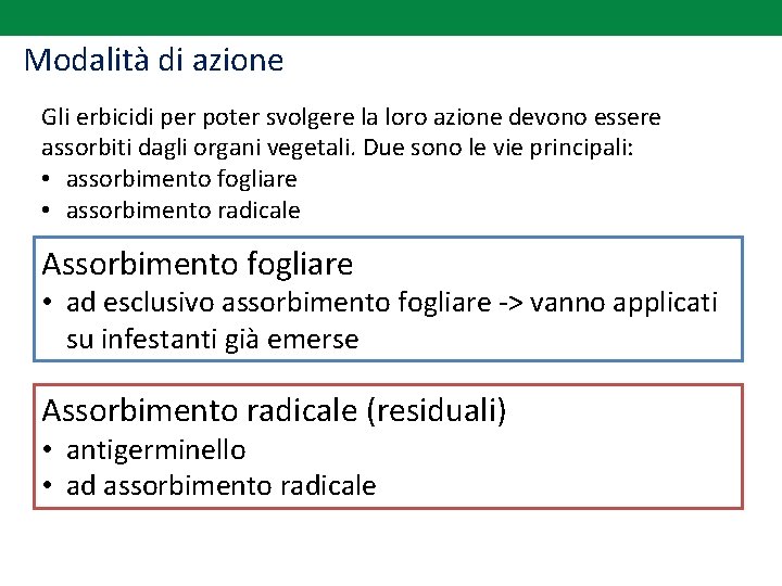 Modalità di azione Gli erbicidi per poter svolgere la loro azione devono essere assorbiti