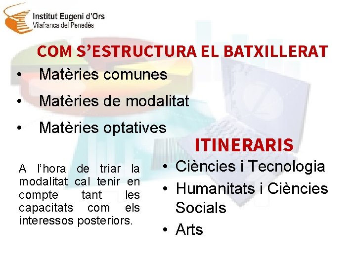 COM S’ESTRUCTURA EL BATXILLERAT • Matèries comunes • Matèries de modalitat • Matèries optatives