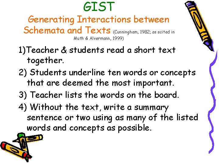 GIST Generating Interactions between Schemata and Texts (Cunningham, 1982; as scited in Muth &