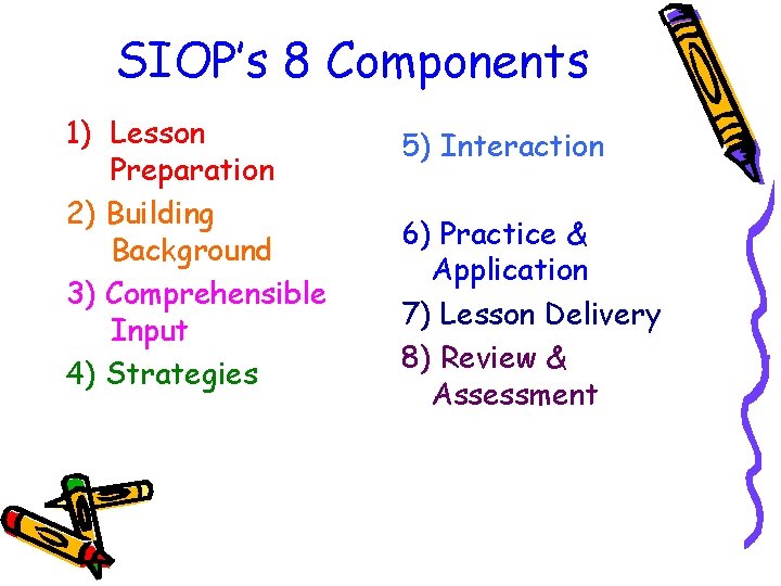 SIOP’s 8 Components 1) Lesson Preparation 2) Building Background 3) Comprehensible Input 4) Strategies