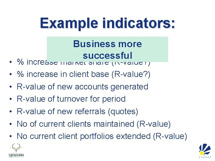 Example indicators: • • Business more successful % increase market share (R-value? ) %