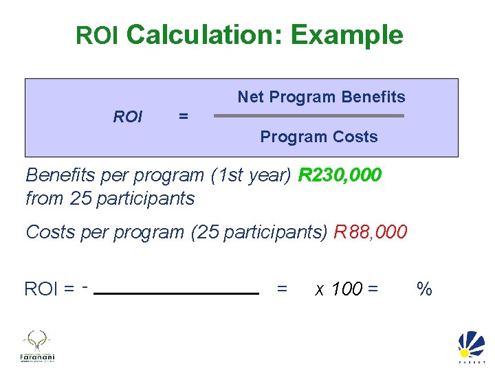 ROI Calculation: Example Net Program Benefits ROI = Program Costs Benefits per program (1